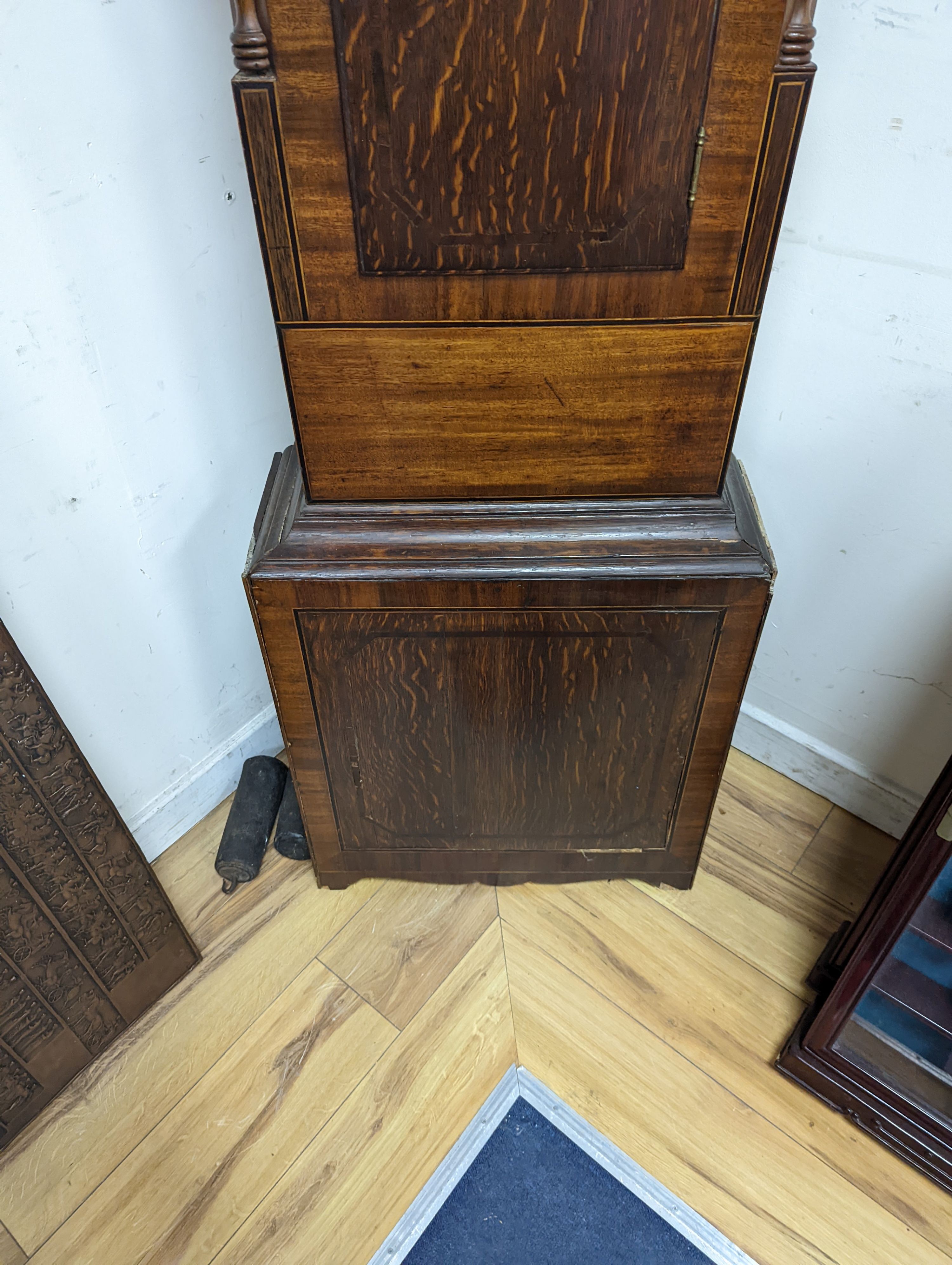 Galloway of Leeds. An early 19th century mahogany and oak 8 day longcase clock, with painted dial, height 233cm
